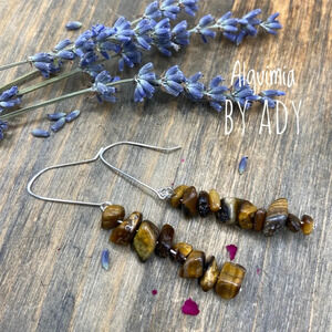 Silver and tigers eye long dangle statement drops earrings